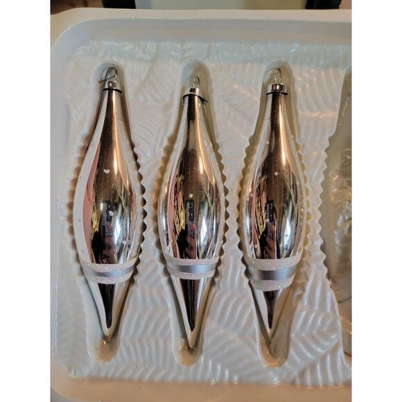 Holiday time silver blown glass tree glitter abstract long ornament Xmas decor - Picture 3 of 8